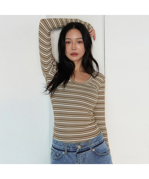 MORVE13(モルブ13)の「デュアルストライプTシャツ(ブラック)(Tシャツ/カットソー・レディース・オリーブ/パープル/ブラック・FREE)」の1枚目の写真
