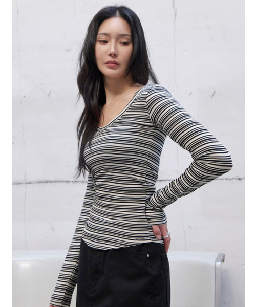 MORVE13(モルブ13)の「デュアルストライプTシャツ(ブラック)(Tシャツ/カットソー・レディース・オリーブ/パープル/ブラック・FREE)」の4枚目の写真