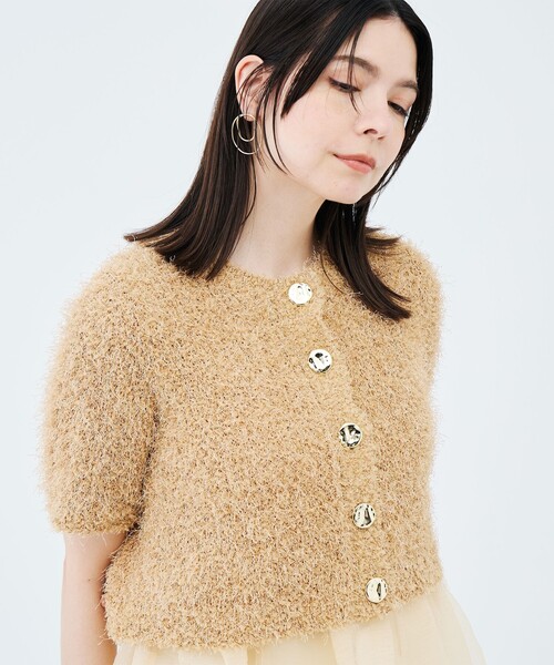 NOLLEY’S Sophi(ノーリーズソフィ)の「裾フリルキャミ付きファンシーヤーン5分袖カーディガン(ニット/セーター・レディース・サーモンピンク/キャメル/ブラック・38)」の1枚目の写真
