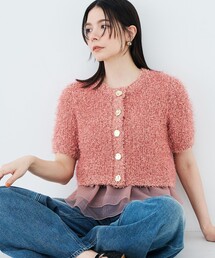 裾フリルキャミ付きファンシーヤーン5分袖カーディガン