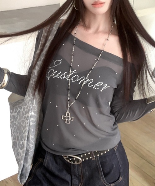 Riff(リフ)の「ラインストーンシアートップス(Tシャツ/カットソー・レディース・チャコールグレー/ブラック・FREE)」の2枚目の写真