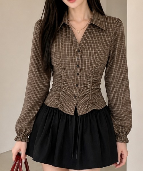 Achic(アシック)の「チェック柄シャーリングショートシャツ(シャツ/ブラウス・レディース・ブラック/テラコッタ/ブラウン系その他/ブラウン・M)」の12枚目の写真
