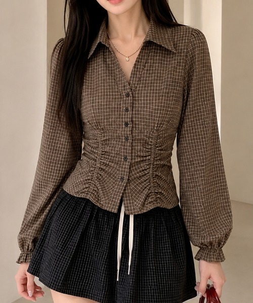 Achic(アシック)の「チェック柄シャーリングショートシャツ(シャツ/ブラウス・レディース・ブラック/テラコッタ/ブラウン系その他/ブラウン・M)」の15枚目の写真