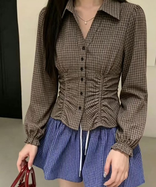 Achic(アシック)の「チェック柄シャーリングショートシャツ(シャツ/ブラウス・レディース・ブラック/テラコッタ/ブラウン系その他/ブラウン・M)」の17枚目の写真