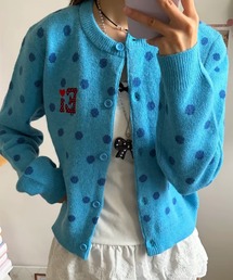 水玉柄ロゴ刺繍ニットカーディガン ショート丈 レディーストップス