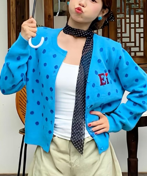 AsheKsha（アシクシャ）の「水玉柄ロゴ刺繍ニットカーディガン ショート丈 レディーストップス（カーディガン/ボレロ・レディース・ブルー・S/M）」の20枚目の写真