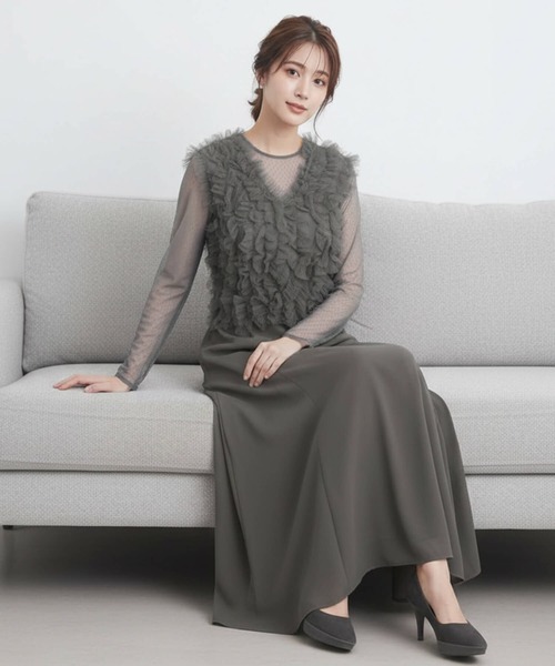 Cinderella(シンデレラ)の「パーティードレス ドレス ワンピース 結婚式 オケージョンドレス フォーマル ロングドレス ロング丈 ミモレ丈 セレモニー 長袖 ベスト フリル おしゃれ きれいめ 上品 結婚式 お呼ばれ 謝恩会 発表会 披露宴 食事会 二次会 演奏会 成人式(ドレス・レディース・ダークグレー/ブルーグレー/ブラック・LARGE/MEDIUM/X-LARGE)」の13枚目の写真