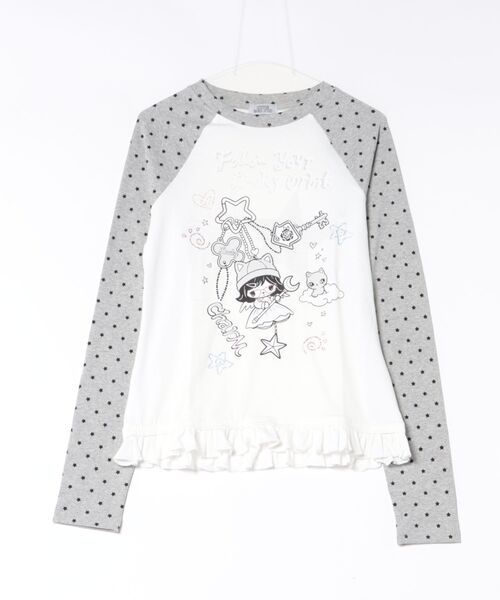 SPINNS(スピンズ)の「長袖ラグランカットソー/ドット/フリル/ガールイラスト/ドリームコア(Tシャツ/カットソー・レディース・オフホワイト/チャコール・ONESIZE)」の8枚目の写真