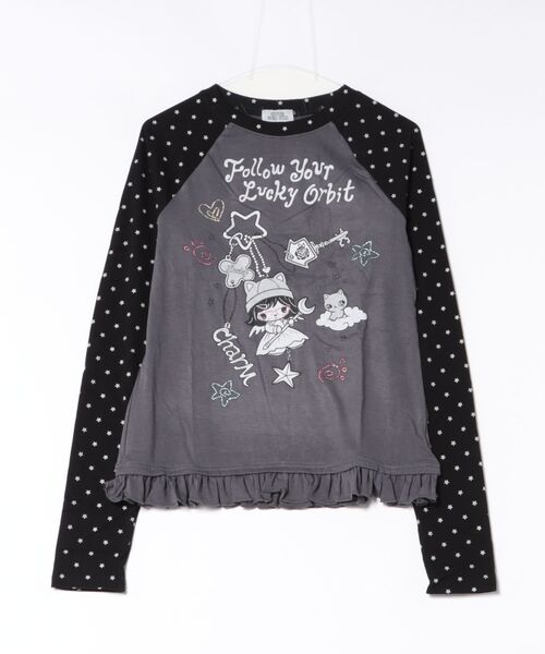 SPINNS(スピンズ)の「長袖ラグランカットソー/ドット/フリル/ガールイラスト/ドリームコア(Tシャツ/カットソー・レディース・オフホワイト/チャコール・ONESIZE)」の7枚目の写真