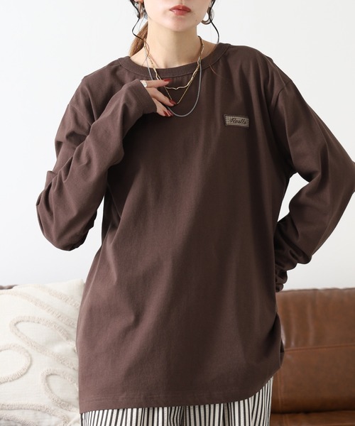 Arinomama（アリノママ）の「Arinomama 200g 20s空紡糸天竺 チェック パッチワーク ロンT（Tシャツ/カットソー・レディース・ホワイト/ダークブラウン/カーキ・FREE）」の2枚目の写真