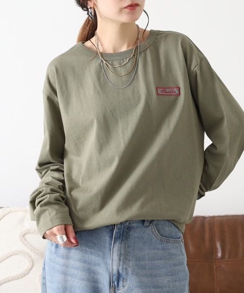 Arinomama（アリノママ）の「Arinomama 200g 20s空紡糸天竺 チェック パッチワーク ロンT（Tシャツ/カットソー・レディース・ホワイト/ダークブラウン/カーキ・FREE）」の3枚目の写真