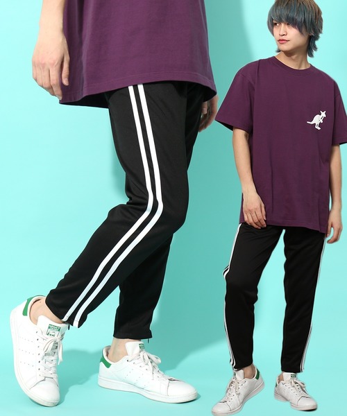 REPIDO(リピード)の「ラインテーパードスキニートラックパンツ ラインジャージ ジョーガ―パンツ(パンツ)」|ブラック×ホワイト