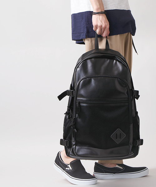 WEGO（ウィゴー）の「WEGO/フェイクレザースクールビッグリュック（バックパック/リュック・メンズ・ブラック/サックスブルー/ライトピンク/ホワイト・FREE）」の3枚目の写真