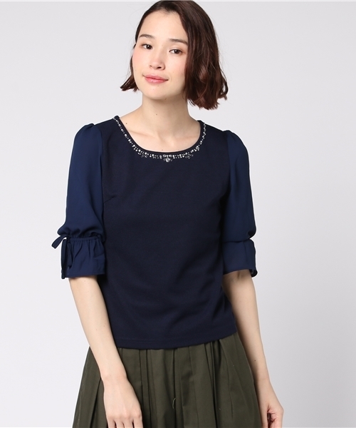 Honeys（ハニーズ）の「ビジュー付プルオーバー（Tシャツ/カットソー・レディース・ネイビー/ホワイト×ネイビー/サックスブルー/オフホワイト・M/L/S）」の3枚目の写真