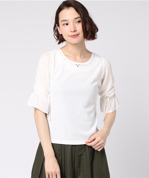 Honeys（ハニーズ）の「ビジュー付プルオーバー（Tシャツ/カットソー・レディース・ネイビー/ホワイト×ネイビー/サックスブルー/オフホワイト・M/L/S）」の2枚目の写真