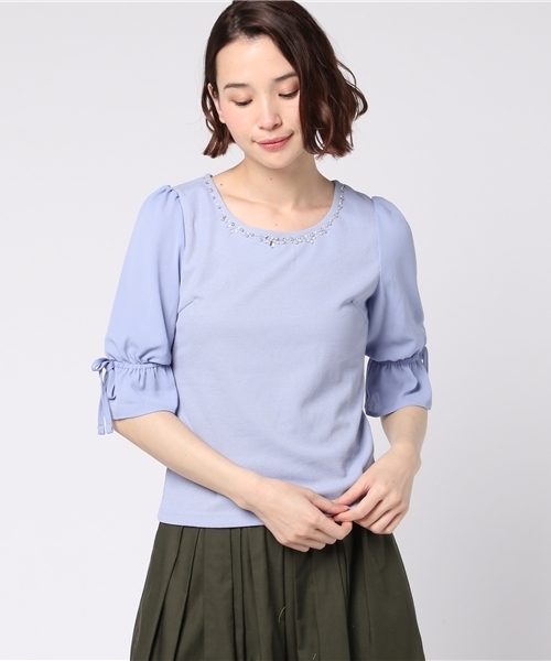 Honeys（ハニーズ）の「ビジュー付プルオーバー（Tシャツ/カットソー・レディース・ネイビー/ホワイト×ネイビー/サックスブルー/オフホワイト・M/L/S）」の4枚目の写真