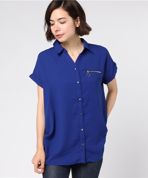 VENCEEXCHANGE（ヴァンスエクスチェンジ）の「ZIPフレンチスリーブシャツ（シャツ/ブラウス・レディース・スカイブルー/オフホワイト・MEDIUM）」の2枚目の写真