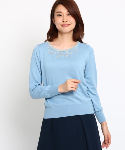Sunauna(スーナウーナ)の「【洗える】パールビーズプルオーバー(Tシャツ/カットソー・レディース・ネイビー/グレー/サックスブルー・38/40)」の1枚目の写真