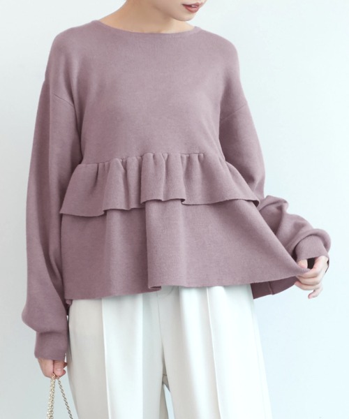 coca（coca）（コカ）の「裾フリルフレアニットトップス（ニット/セーター・レディース・ブラック/ベージュ/パープル・ONE SIZE）」の3枚目の写真