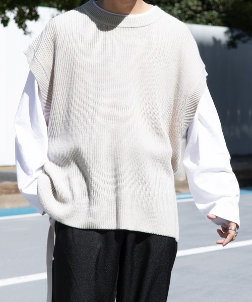 Adoon plain（アドーンプレーン）の「【Adoon plain】サイドムスビニットベスト（ベスト・メンズ・アイボリー/ブラック/オレンジ・MEDIUM/LARGE）」の4枚目の写真