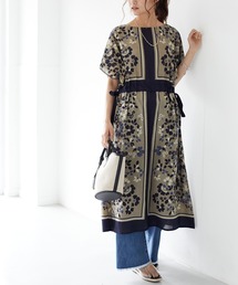 Flowerパネル柄ドロストワンピース　＊◇