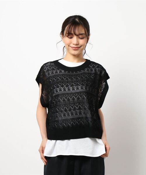 Lugnoncure（ルノンキュール）の「透かし編みニットセット（Tシャツ/カットソー・レディース・オフホワイト/ブラック/ベージュ・ﾌﾘ-）」の2枚目の写真