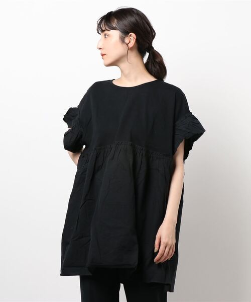 Samansa Mos2（サマンサ モスモス）の「フリル袖ドッキングチュニック（Tシャツ/カットソー・レディース・ピンク/ブラック/オフホワイト/ベージュ/カーキ・ﾌﾘ-）」の9枚目の写真