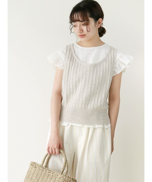 Samansa Mos2（サマンサ モスモス）の「麻混ニットベスト（ベスト・レディース・ベージュ/ブラック/キナリ・ﾌﾘ-）」の2枚目の写真