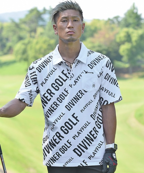 DIVINER GOLF(ディバイナー ゴルフ)の「【DIVINER GOLF】オリジナルゴルフウェア/総柄ロゴ半袖ポロシャツ メンズ(ポロシャツ・メンズ・ホワイト/ホワイト×ブラック/ブラック・M/L/XL)」の2枚目の写真