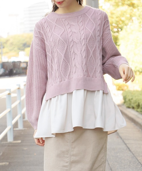 Honeys(ハニーズ)の「裾レイヤード風ニット(ニット/セーター・レディース・サックスブルー/アイボリー/グリーン系その他/ベージュ/ピンク系その他・S/M/L)」の5枚目の写真