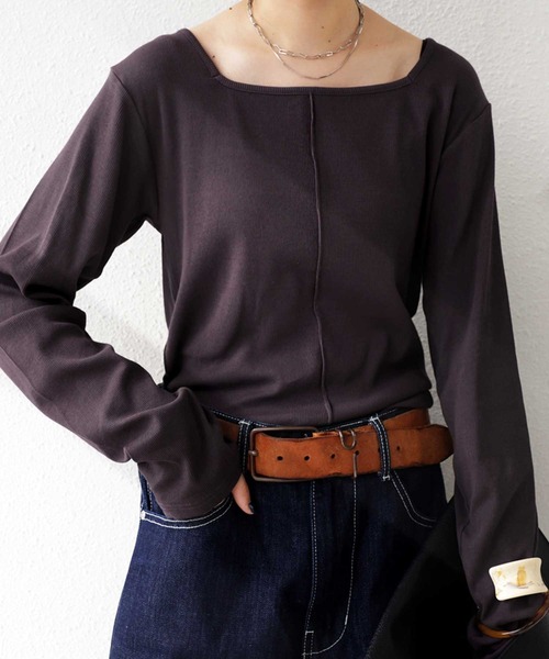 antiqua（アンティカ）の「スクエアネックリブトップス（Tシャツ/カットソー・レディース・ダークグレー/オレンジ/ブラック/オフホワイト/カーキ・L/M）」の17枚目の写真
