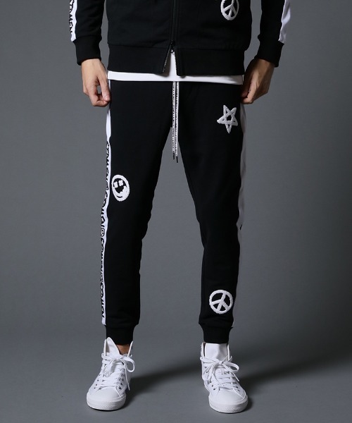 STUD MUFFIN（スタッドマフィン）の「mp9542-ストレッチベア裏毛 サガラパッチ＆ロゴpt サイドライン リブパンツ（スウェットパンツ・メンズ・ブラック/杢グレー・2/4/3）」の3枚目の写真