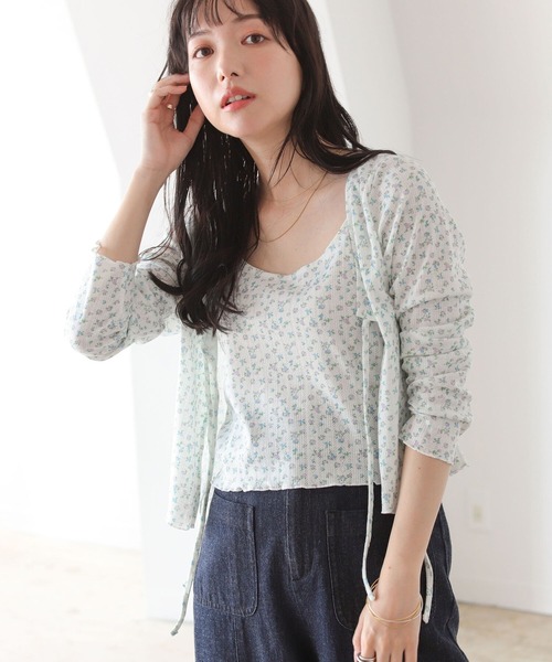 BeAMS DOT（ビームスドット）の「【WEB限定】BeAMS DOT / フラワー コットンキャミソール カーディガン 2Pセット（Tシャツ/カットソー・レディース・ホワイト/ライトグリーン・ONE SIZE）」の2枚目の写真