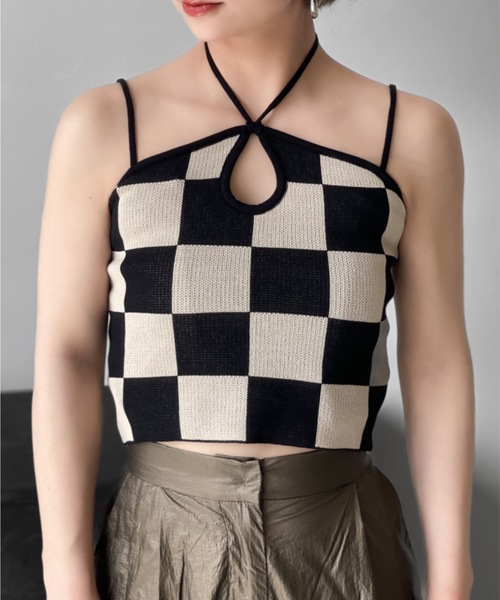 Solace（ソレイス）の「チェッカー柄ベアトップ（チューブトップ・レディース・ベージュ/ホワイト・FREE）」の8枚目の写真
