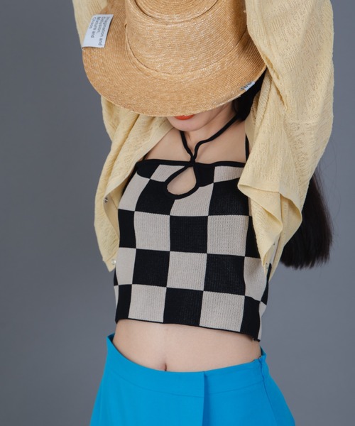 Solace（ソレイス）の「チェッカー柄ベアトップ（チューブトップ・レディース・ベージュ/ホワイト・FREE）」の3枚目の写真