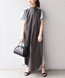 *〈手洗い可能〉ストレッチコンビネーションバルーンスリーブワンピース◆