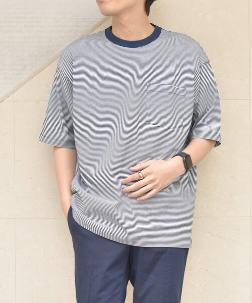 SHIPS any（シップス エニィ）の「*SHIPS any: 【ユニセックス】USAコットン マイクロボーダー リンガーネック 半袖 Tシャツ◇（Tシャツ/カットソー・メンズ・ネイビー/グレー/ブルー系/レンガ/グリーン/ダークブルー・SMALL/MEDIUM/LARGE/X-LARGE）」の3枚目の写真