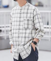 coen | ウィンターリネンチェックバンドカラーシャツ(シャツ/ブラウス)