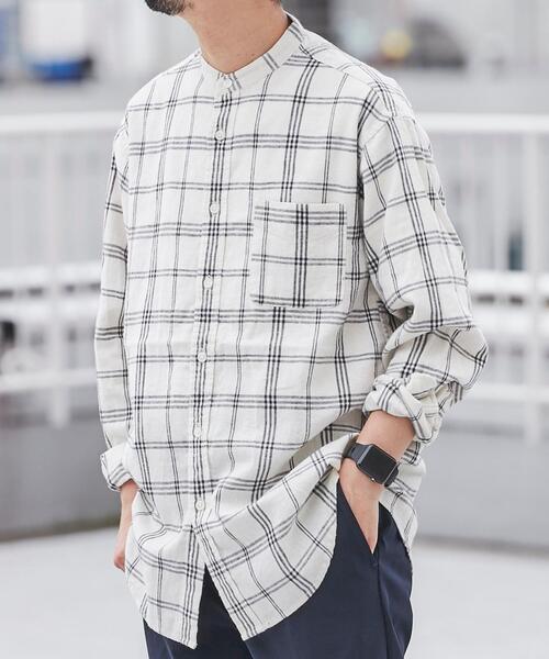 coen（コーエン）の「ウィンターリネンチェックバンドカラーシャツ（シャツ/ブラウス・メンズ・ネイビー/ダークブラウン/オフホワイト・X-LARGE/SMALL/LARGE/MEDIUM）」の2枚目の写真