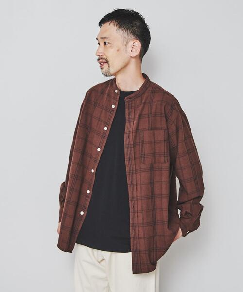 coen（コーエン）の「ウィンターリネンチェックバンドカラーシャツ（シャツ/ブラウス・メンズ・ネイビー/ダークブラウン/オフホワイト・X-LARGE/SMALL/LARGE/MEDIUM）」の17枚目の写真