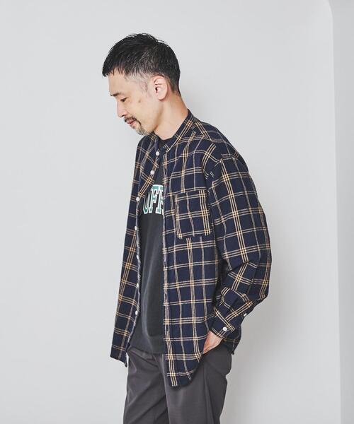 coen（コーエン）の「ウィンターリネンチェックバンドカラーシャツ（シャツ/ブラウス・メンズ・ネイビー/ダークブラウン/オフホワイト・X-LARGE/SMALL/LARGE/MEDIUM）」の16枚目の写真