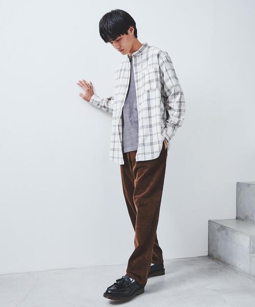 coen（コーエン）の「ウィンターリネンチェックバンドカラーシャツ（シャツ/ブラウス・メンズ・ネイビー/ダークブラウン/オフホワイト・X-LARGE/SMALL/LARGE/MEDIUM）」の13枚目の写真