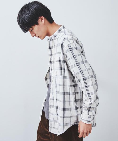 coen（コーエン）の「ウィンターリネンチェックバンドカラーシャツ（シャツ/ブラウス・メンズ・ネイビー/ダークブラウン/オフホワイト・X-LARGE/SMALL/LARGE/MEDIUM）」の11枚目の写真