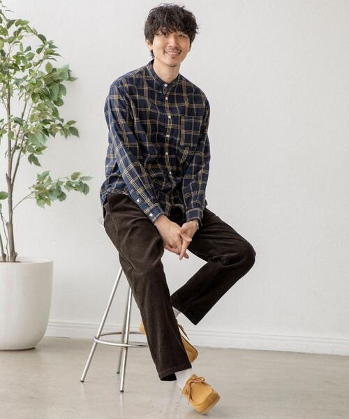 coen（コーエン）の「ウィンターリネンチェックバンドカラーシャツ（シャツ/ブラウス・メンズ・ネイビー/ダークブラウン/オフホワイト・X-LARGE/SMALL/LARGE/MEDIUM）」の9枚目の写真