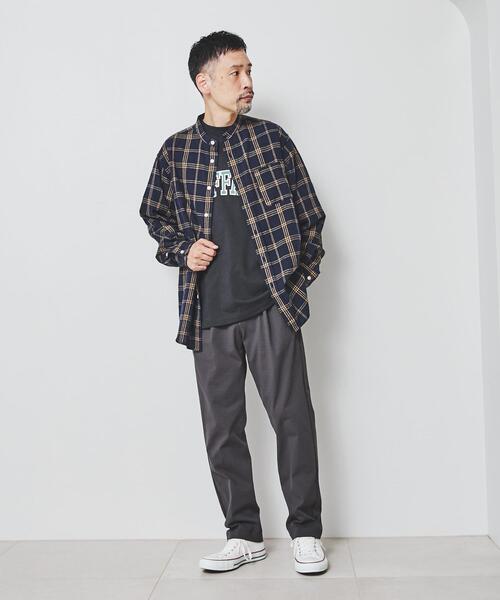 coen（コーエン）の「ウィンターリネンチェックバンドカラーシャツ（シャツ/ブラウス・メンズ・ネイビー/ダークブラウン/オフホワイト・X-LARGE/SMALL/LARGE/MEDIUM）」の8枚目の写真