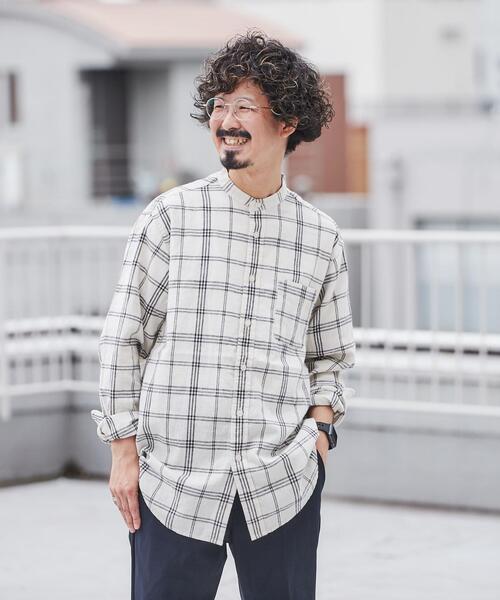 coen（コーエン）の「ウィンターリネンチェックバンドカラーシャツ（シャツ/ブラウス・メンズ・ネイビー/ダークブラウン/オフホワイト・X-LARGE/SMALL/LARGE/MEDIUM）」の6枚目の写真