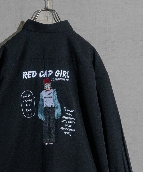 Red Cap Girl（レッドキャプガール）の「【a-r】〔Red Cap Girl/レッドキャップガール〕ナチュラルストレッチ イラスト刺繍 ルーズサイズシャツ　長袖（シャツ/ブラウス・メンズ・グレイッシュベージュ/ホワイト/グリーン/ブラック/ブルー/ブルー系その他/グリーン系その他/ブラック系その他/ベージュ/ホワイト系その他/その他/ダークグレー/ブラック系その他2/ブルー系その他2/ベージュ系その他/ホワイト系その他2/ライトグレー/ホワイト系1/その他1/ブルー系1/ブラック系1・LARGE/MEDIUM/X-LARGE）」の6枚目の写真