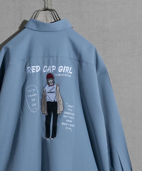 Red Cap Girl（レッドキャプガール）の「【a-r】〔Red Cap Girl/レッドキャップガール〕ナチュラルストレッチ イラスト刺繍 ルーズサイズシャツ　長袖（シャツ/ブラウス・メンズ・グレイッシュベージュ/ホワイト/グリーン/ブラック/ブルー/ブルー系その他/グリーン系その他/ブラック系その他/ベージュ/ホワイト系その他/その他/ダークグレー/ブラック系その他2/ブルー系その他2/ベージュ系その他/ホワイト系その他2/ライトグレー/ホワイト系1/その他1/ブルー系1/ブラック系1・LARGE/MEDIUM/X-LARGE）」の17枚目の写真
