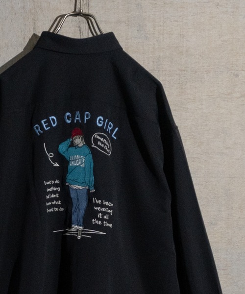 Red Cap Girl（レッドキャプガール）の「【a-r】〔Red Cap Girl/レッドキャップガール〕ナチュラルストレッチ イラスト刺繍 ルーズサイズシャツ　長袖（シャツ/ブラウス・メンズ・グレイッシュベージュ/ホワイト/グリーン/ブラック/ブルー/ブルー系その他/グリーン系その他/ブラック系その他/ベージュ/ホワイト系その他/その他/ダークグレー/ブラック系その他2/ブルー系その他2/ベージュ系その他/ホワイト系その他2/ライトグレー/ホワイト系1/その他1/ブルー系1/ブラック系1・LARGE/MEDIUM/X-LARGE）」の5枚目の写真