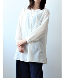 【M~5L 大きいサイズ】バンドカラー タック チュニック ブラウス